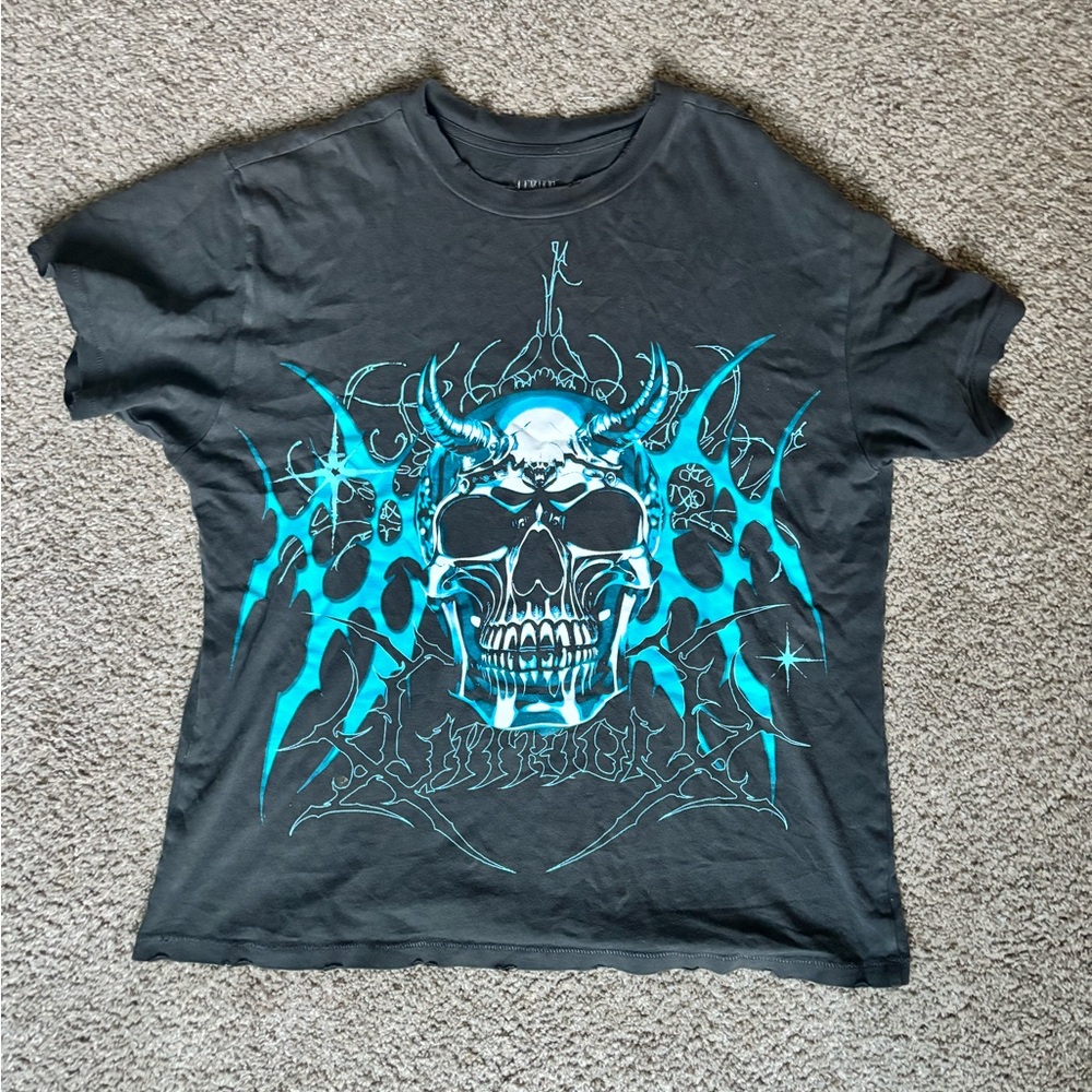 Y2K Skull Horned Graphic T-Shirt Blue Grey Rock Metal Style Size M